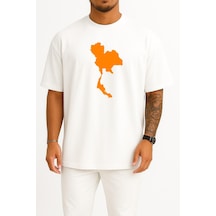 Bahriyeli Collection Oversize Tayland Haritası Göğüs Baskılı Unisex T-shirt Beyaz
