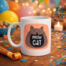 Meow Cat Sevimli Kedi Tasarımlı Porselen Kupa Model 66 Eğlenceli Kahve & Çay Kupası Hediyelik Çok Renkli