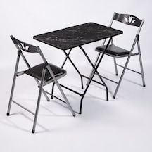 50x80 Siyah Mermer Desenli Katlanır Masa ve 2 Adet Sandalye Set