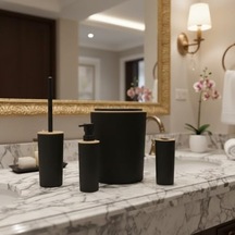 Şık Antrasit 4 Lü Banyo Seti Çöp Kovası, Tuvalet Fırçası, Sıvı Sabunluk Ve Diş Fırçalık Modern Ve Dayanıklı Tasarım 000 Açık Krem