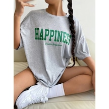 Flood Of Style Kadın Gri Happıness Baskılı Oversize Tshirt