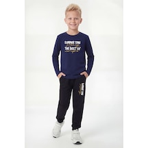 Panios Kids Yuvarlak Yaka Sweatshirt Paça Lastikli Eşofman Alt Baskılı Uzun Kollu Erkek Çocuk Alt Üst Takım Lacivert