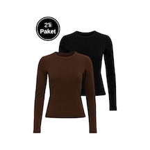 Rich Kadın Siyah-kahverengi 2'li Paket Bisiklet Yaka Esnek Kumaşlı Vücuda Oturan Slim Fit Uzun Kollu Crop Body Siyah - Kahverengi