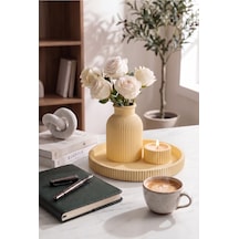 Senfoni Vazo Dekoratif Set - Modern Minimalist Estetik Tasarım Dekoratif Set - Pilli Mum, Mumluk Ve Tepsi Dahil Ev Ofis Salon Dekorasyonu İçin Şık Kompozisyon - Ahenk Tasarım Bej