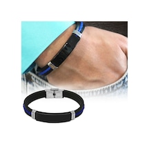 Silikon Kordonlu Siyah Çelik Plakalı Mavi İp Detaylı Kişiye Özel İsim Harf/yazılı Erkek Bileklik Çelik