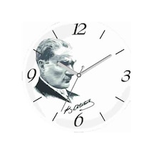 Atatürk Portre Sessiz Akar Bombeli Gerçek Cam Duvar Saati Beyaz - Siyah