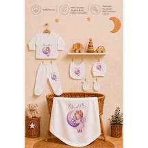 Pia Baby Kişiye Özel Kız Bebek Zıbın Set 6 Parça %100 Pamuk İsimli Organik Baskılı Battaniyeli 1082bz0x Ekru