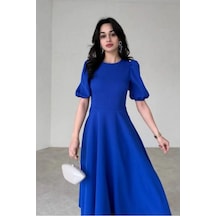 Kadın Kısa Balon Kollu Bisiklet Yaka Geniş Kesim Janjan Krep Elbise Saks Mavi