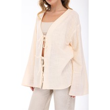 Blayn Jeans Blayn Kadın Keten Kimono Oversize Rahat Kalıp Yazlık Uzun Kollu Kimono Taş