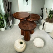 Wood Wooden Ahşap 3 Lü Set Fitilli Mantar Yan Sehpa Modern Kestane Renk Fiskos Kestane