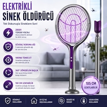 Polham 105 Cm Uzatılabilir Elektrikli Sinek Öldürücü Raket, Şarjlı 2800v Yüksek Voltajlı, 360 Dönebilen Başlıklı Sinek Öldürücü 1 Adet