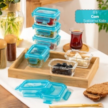 Porsima 4376 6lı Sızdırmaz Kilit Kapaklı Yiyecek Erzak Saklama Kabı Seti - Cam Saklama Kabı - 150ml Mavi Mavi