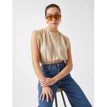Koton Beli Lastikli Crop Tişört Bej 2yak13351ek Ekru