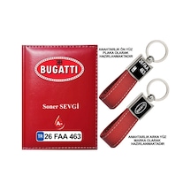 Plakanıza Özel Bugatti Logolu Kırmızı Ruhsat Kabı Ve Anahtarlık