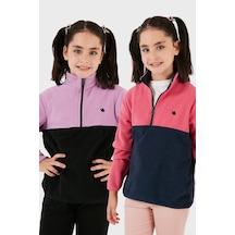 Lela Yumuşak Dokulu Yarım Fermuarlı Renk Bloklu Dik Yaka 2'Li Paket Çocuk Polar 5905004S2 Fuşya Lacivert-Lila Siyah