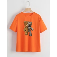 Flood Of Style Unisex Turuncu Robotik Ayıcık Baskılı Oversize Bisiklet Yaka T-shirt