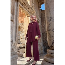 Avenna Asimetrik Kesim Bağlama Detaylı Tunik Geniş Paça Pantolon İkili Takım Bordo 26ka610