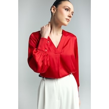 V Yaka Saten Bluz - Kırmızı-130516