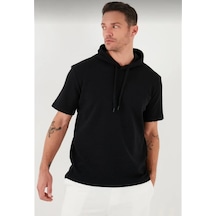 Erkek Kapüşonlu Tişört Kısa Kol Düz Oversize T-shirt - Siyah