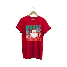 Unisex Yeni Yıl Yılbaşı Noel Baba Merry Christmas Baskılı Şirin Hediye Pamuklu Regular Fit T-shirt Kırmızı