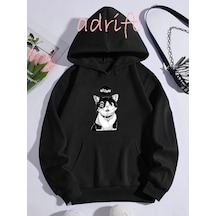 Startmore Unisex Oversize Kapüşonlu Kanguru Cepli Cat Meow Baskılı Siyah Siyah