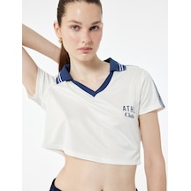 Koton Kısa Kollu V Yaka Biyeli Baskılı Crop Spor Tişört Ekru 5sak10300nk Ekru