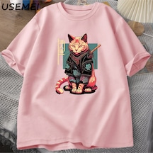 Flood Of Style Japon Samuray Kedi Dövme Grafik T Shirt Kawaii Ninja Kedi T-shirt Baskı Pamuk Kısa Kollu Tshi Pembe