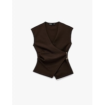 Koton Slim Fit V Yaka Metal Aksesuarlı Kruvaze Yelek Kahverengi 6wak30056ek Kahve