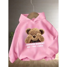Kışlık Kapüşonlu Sweatshirt, Çocuk Ayı Suprise Baskılı Pembe