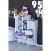 Ohbe 60 + 35cm Genişlik 160cm Boy 32,5cm Derinlik Kirli Sepetli 1 Kapak 3 Çekmeceli Çok Amaçlı Banyo Dolabı Beyaz