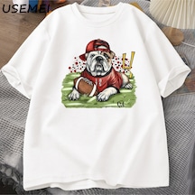 Flood Of Style Go Buldog T Shirt Komik Futbol Buldog Grafik % Baskılı Tişört Pamuk Kısa Kollu T-shirt Street Beyaz