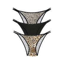 1025 Çift İp-taş Detaylı Bikini Külot Paketi 1025-v7 - Leopar-Siyah-Pars Çok Renkli