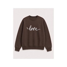 Herkesemoda Love Yazı Baskı Detaylı Şardonlu 2 İplik Bisiklet Yaka Sweatshirt Kahverengi