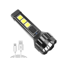 Usb Şarjlı Güçlü El Feneri - Cob Yan Işık Açık Beyaz