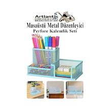 Masaüstü Metal Kalemlik Seti 3 Lü Kombo 1 Paket Fileli Perfore Pastel Renkli Kalemlik Kağıtlık Küpnotluk Düzenleyici Açık Mavi