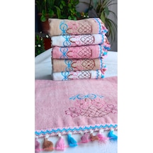 Çeyizlik Kanaviçe Çiçek Desenli Püsküllü Bukle Lüks Mutfak Havlu Seti 30x50 6'lı Set Renkli