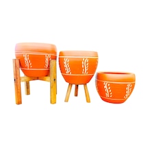 BİTKİ TASARIMI EV DEKORASYON NAKIŞ DESENLİ TERRAKOTA TOPRAK SAKSI SAKSILIK SALON ÇİÇEKLİK ÜÇLÜ SET - 15 CM