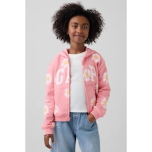 Gap Kız Çocuk Relaxed Logo Fransız Havlu Kumaş Fermuarlı Pembe Sweatshirt-13567 Pembe