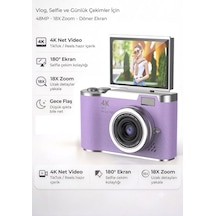 4k Dijital Retro Video Kamera 48mp 15x Zoom Flaşlı Dijital Vlog Fotoğraf Makinesi Türkçe Mor - 883561173