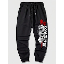 Anime Guys Japanese Letter & Dragon Graphic Drawstring Eşofman Altı Siyah