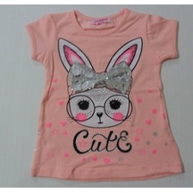 %100 Pamuk Tavşanlı Fiyonklu Kız Çocuk Tshirt Dar Kalıp Pembe