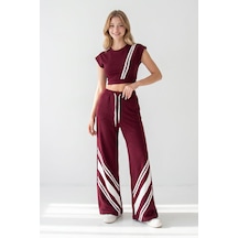 Bordo Çizgili Modal Kumaş Crop Alt Üst Takım Çok Renkli