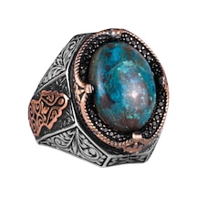 Gerçek Doğal Krysokolla Taşlı Yüzük - 925 Ayar Katı Gümüş Erkek Yüzüğü Gümüş