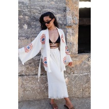 Elif Towels Ekru Renk Taş Baskı Pantolon Ve Kimono Kaftan Seti Ekru