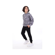 Toontoy Kids Toontoy Erkek Çocuk 2'li Takım Baskılı Kapüşonlu Reglan Kol Sweatshirt & Beli Paçası Lastikli Cepli Jogger Eşofman Altı - 2 İplik Koyu Gri