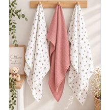 Sallhome Baby 3'lü Müslin Bebek Örtüsü Seti Çiçek Desenli & Gül Kurusu %100 Pamuk