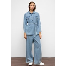 Olcay Geniş Paça Pantolon Denim İkili Takım Mavi 9379-tk