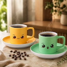 Bk Gift 2'li Sarı Ve Yeşil Renkli Emoji Yüz Tasarımlı Seramik Türk Kahvesi Fincanı Takımı-8 Çok Renkli