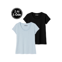 Kadın %100 Pamuk 2'li Paket Kısa Kollu Yuvarlak Yaka Tişört Mavi