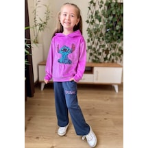 Riccotarz Kız Çocuk Stitch Karakter Baskılı Pullu Sweatshirt Mor Kadife Eşofman Takım